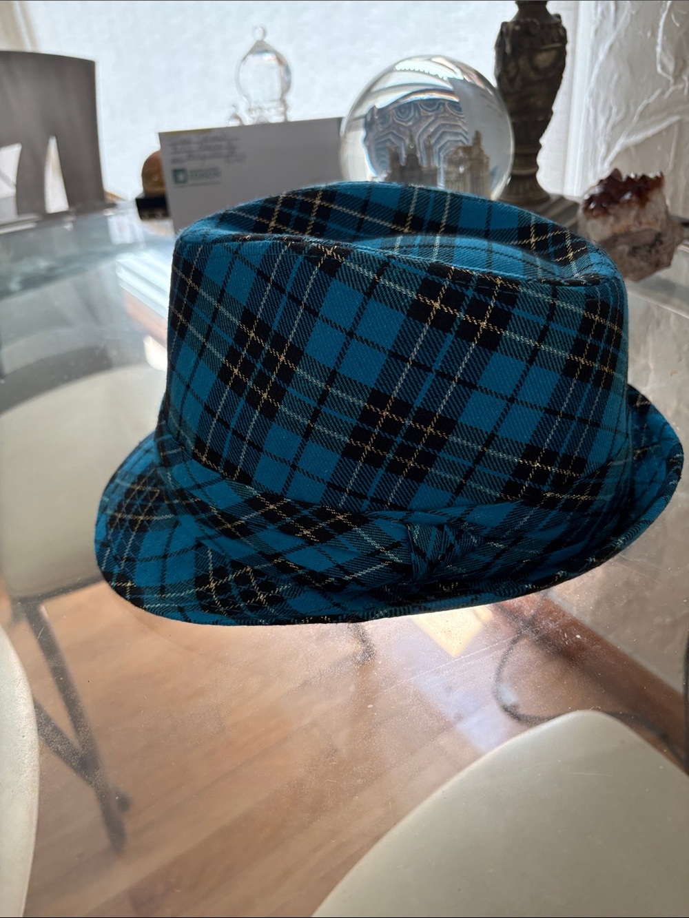 twiggy LONDON Blue and Black Plaid Fedora Hat